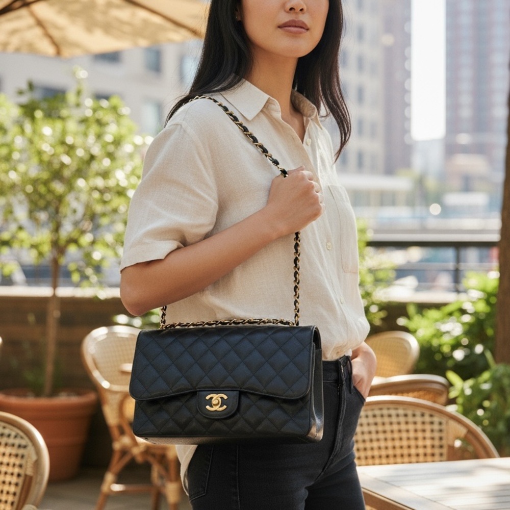 Chanel Jumbo Black Quilted Caviar Double Flap in Gold Hardware - Picture 3 of 3